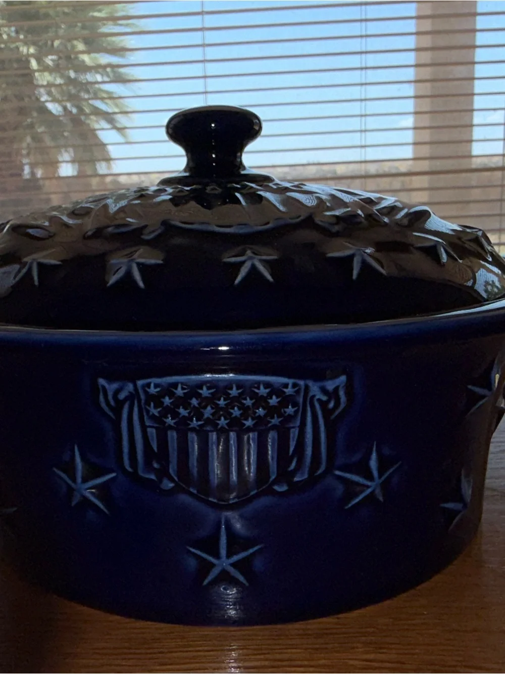 Longaberger Deep Blue Eagle Embossed Ceramic casserole dish
